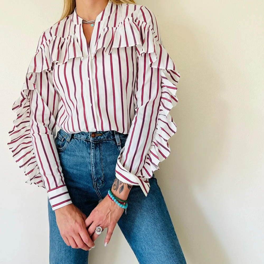 Anthropologie Belle Vere ruffle button down striped shirt top long sleeve - Picture 3 of 8